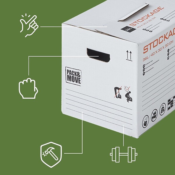 PACK AND MOVE - Pack and Move - Lot 20 cartons stockage - 58 x 40 x 30 cm - Poignées renforcées - 1 marqueur offert - large