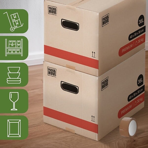 PACK AND MOVE - Pack and Move - Lot 50 Cartons Déménagement Livres Premium - 40 X 30 X 30 Cm - Extrême Résistance 20 KG - Poignées Renforcées - 3 Adhésifs Offerts - large