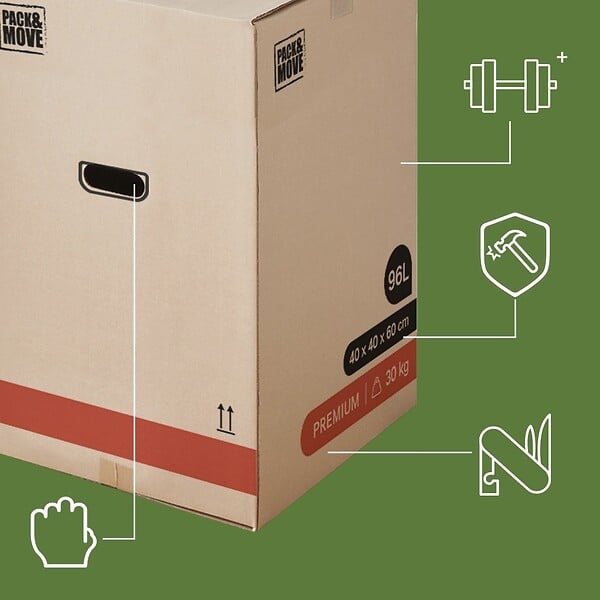 PACK AND MOVE - Pack and Move - Lot 10 Cartons Déménagement Premium - 40 X 40 X 60 Cm - Résistance 30 KG - Double Épaisseur - Poignées Renforcées - 1 Adhésif Offert - large