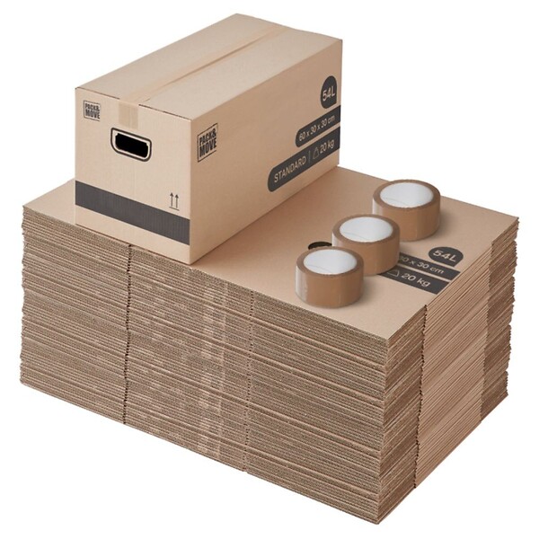 PACK AND MOVE - Pack and Move - Lot 60 cartons déménagement stockage standard - 60 x 30 x 30 cm - Poignées renforcées - 3 adhésifs offerts - large