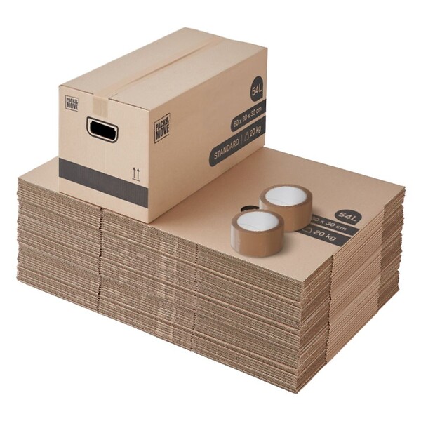 PACK AND MOVE - Pack and Move - Lot 40 cartons déménagement stockage standard - 60 x 30 x 30 cm - Poignées renforcées - 2 adhésifs offerts - large