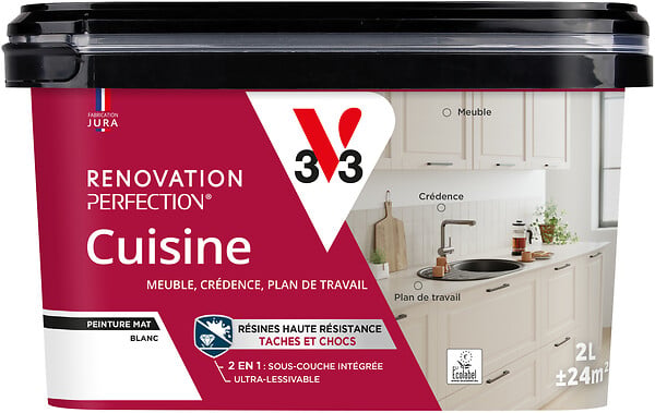 V33 PEINTURE - Peinture Rénovation Cuisine - Blanc - Mat velouté - 2L - large