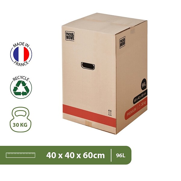 PACK AND MOVE - Pack and Move - Lot 20 Cartons Déménagement Premium - 40 X 40 X 60 Cm - Résistance 30 KG - Double Épaisseur - Poignées Renforcées - 1 Adhésif Offert - large