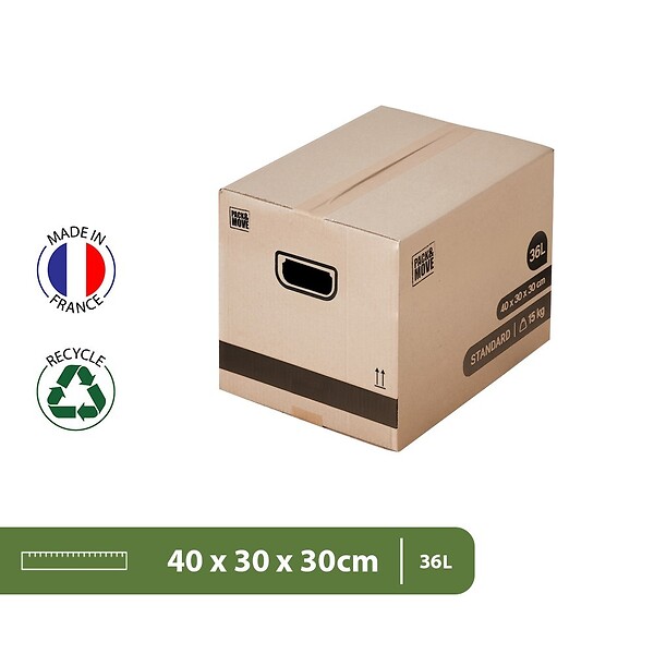 PACK AND MOVE - Pack and Move - Lot 50 cartons déménagement stockage livres - 40 x 30 x 30 cm - Poignées renforcées - 3 adhésifs offerts - large