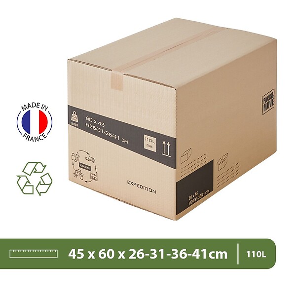 PACK AND MOVE - Pack and Move - Lot 30 cartons déménagement hauteur modubale variable, personnalisable - 60 x 45 x 31-41 cm - Poignées renforcées - 1 adhésif offert - large