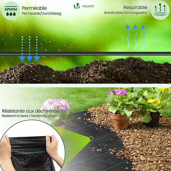 VOUNOT - Toile de paillage contre les mauvaises herbes 10Mx1M Anti-UV 100g/m2 - large