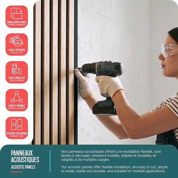 VOUNOT - Lot de 2 panneaux acoustiques muraux Tasseaux en bois MDF avec feutre noir 120x60x2.1cm chene clair - large
