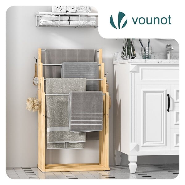 VOUNOT - Porte serviettes sur pied en bambou 4 niveaux - large