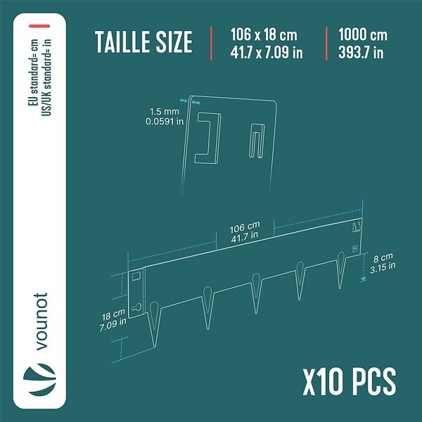 VOUNOT - Lot de 10 Bordures de jardin acier galvanise avec pointes ancrages 106x18cm marron - large