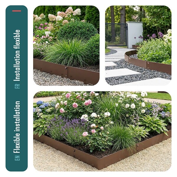 VOUNOT - Lot de 10 Bordures de jardin acier galvanise avec pointes ancrages 106x18cm marron - large