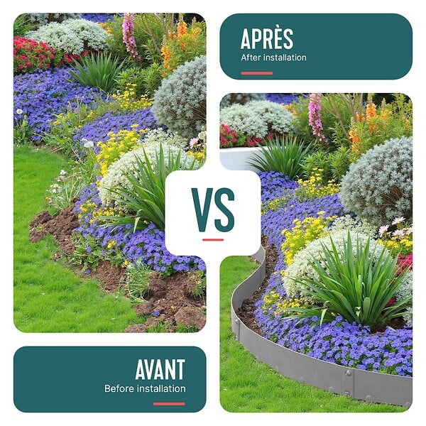 VOUNOT - Lot de 10 Bordures de jardin acier galvanise avec pointes ancrages 106x18cm gris - large