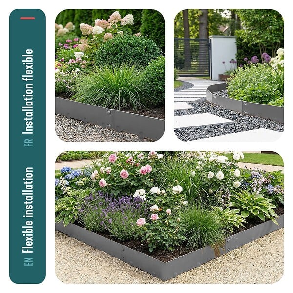 VOUNOT - Lot de 10 Bordures de jardin acier galvanise avec pointes ancrages 106x18cm gris - large
