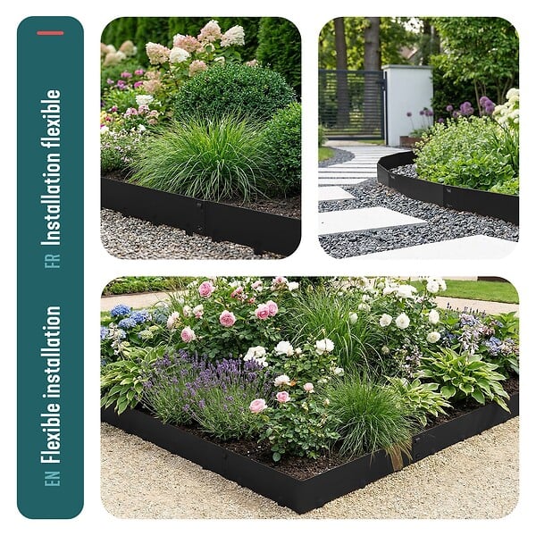 VOUNOT - Lot de 10 Bordures de jardin acier galvanise avec pointes ancrages 106x18cm noir - large