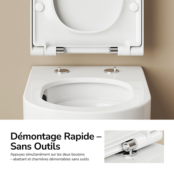 EMKE - EMKE WC Suspendu Sans Bride– Double Chasse 3,5/5 L, Design en D, Abattant Soft-Close, Céramique Blanche Brillante - large