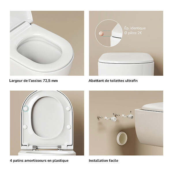 EMKE - EMKE WC Suspendu Sans Bride– Double Chasse 3,5/5 L, Design en D, Abattant Soft-Close, Céramique Blanche Brillante - large