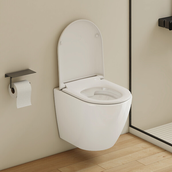 EMKE - EMKE WC Suspendu Design en D – 49 × 37 × 37 cm, Céramique Blanche Brillante, Abattant Soft-Close, Chasse Directe - large