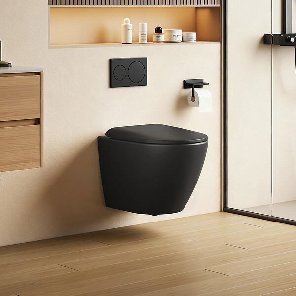 EMKE - EMKE WC Suspendu Design en D – 49 × 37 × 37 cm, Céramique Noir Mat, Abattant Soft-Close, Chasse Directe - large