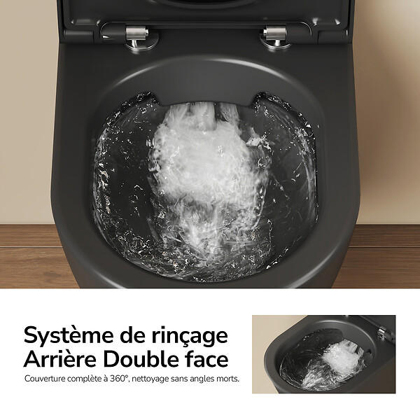 EMKE - EMKE WC Suspendu Design en D – 49 × 37 × 37 cm, Céramique Noir Mat, Abattant Soft-Close, Chasse Directe - large