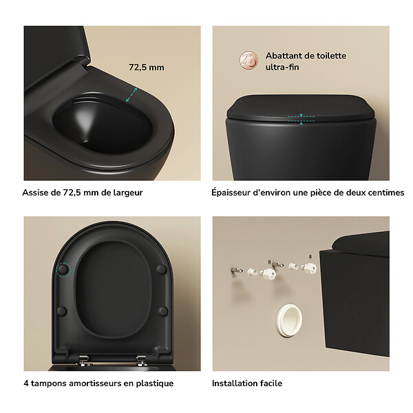 EMKE - EMKE WC Suspendu Design en D – 49 × 37 × 37 cm, Céramique Noir Mat, Abattant Soft-Close, Chasse Directe - large