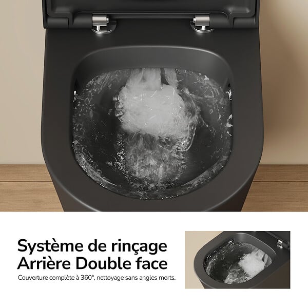 EMKE - EMKE WC Suspendu Sans Bride – Double Chasse 3,5/5 L, Abattant Frein de Chute, Céramique Noir Mat - large