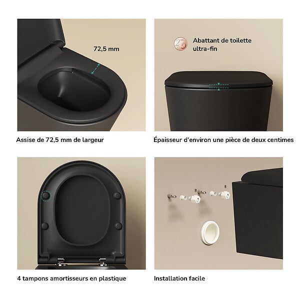 EMKE - EMKE WC Suspendu Sans Bride – Double Chasse 3,5/5 L, Abattant Frein de Chute, Céramique Noir Mat - large