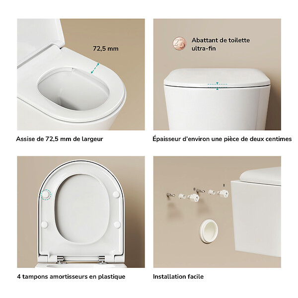 EMKE - EMKE WC Suspendu Sans Bride – Double Chasse 3,5/5 L, Abattant Frein de Chute, Céramique Blanche Brillante - large