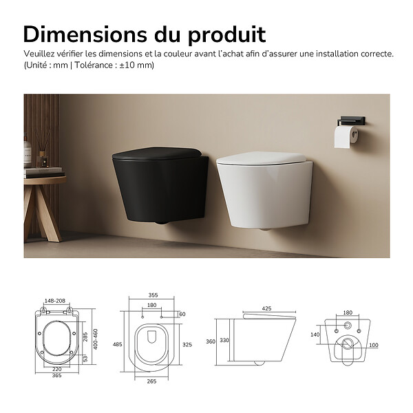 EMKE - EMKE WC Suspendu Sans Bride – Double Chasse 3,5/5 L, Abattant Frein de Chute, Céramique Blanche Brillante - large