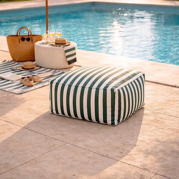 CONCEPT USINE - Pouf exterieur rayé vert déperlant 55x65x35 cm POSITANO - large