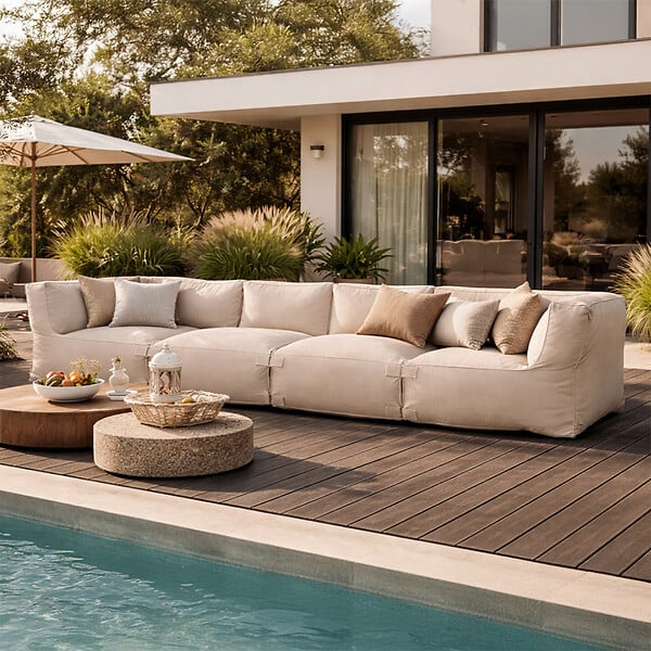 CONCEPT USINE - Salon de jardin modulable 4 places beige en tissu déperlant PRAIANO - large