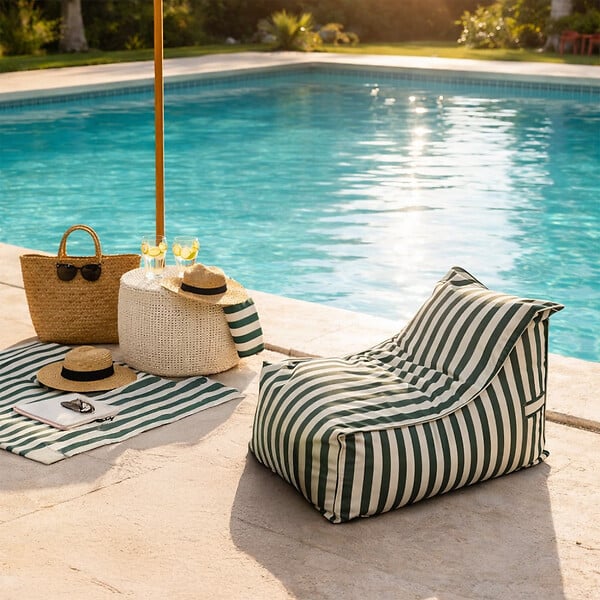 CONCEPT USINE - Pouf exterieur rayé vert en tissu déperlant 100x65x65 cm POSITANO - large