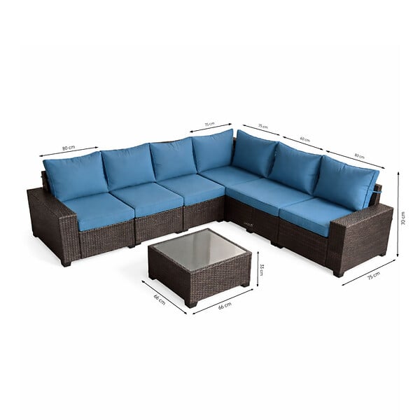 CONCEPT USINE - Salon de jardin d'angle 7 places en résine tressée avec table gris et bleu LAZARO - large