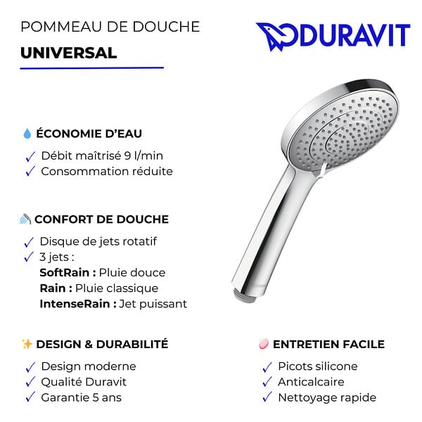 DURAVIT - Pommeau de douche Universal 11 cm 3 jets chromé blanc - large