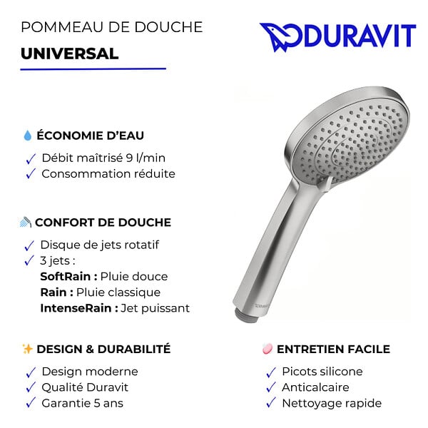DURAVIT - Pommeau de douche 3 jets Universal avec curseur inox brossé + flexible de douche - large