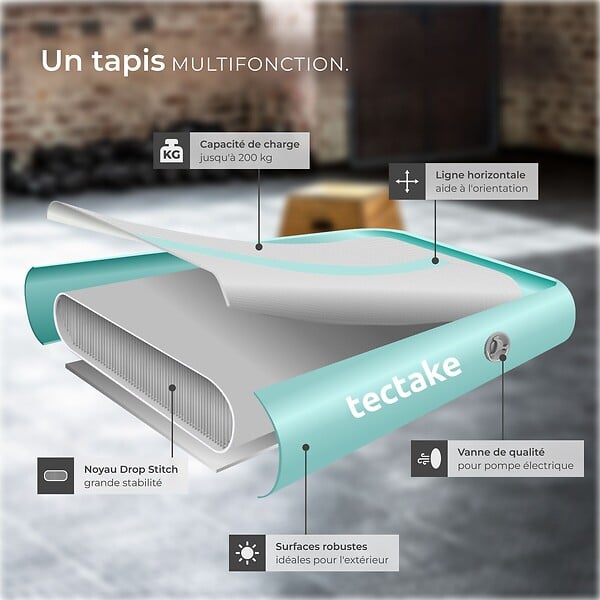 TECTAKE - Tapis Airtrack gonflable AirFlexy avec pompe à air électrique gris/bleu - large