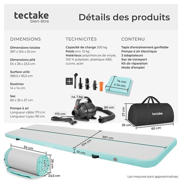 TECTAKE - Tapis Airtrack gonflable AirFlexy avec pompe à air électrique gris/bleu - large