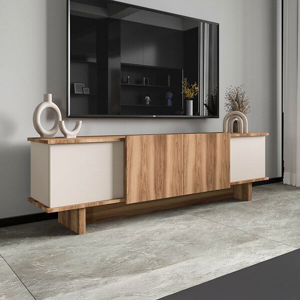 CONCEPT USINE - Meuble TV design avec placards aspect bois et beige 180cm BRONA - large