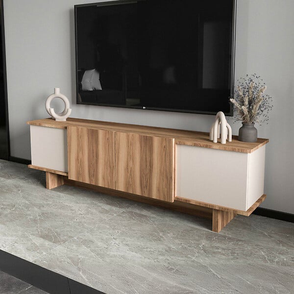 CONCEPT USINE - Meuble TV design avec placards aspect bois et beige 180cm BRONA - large