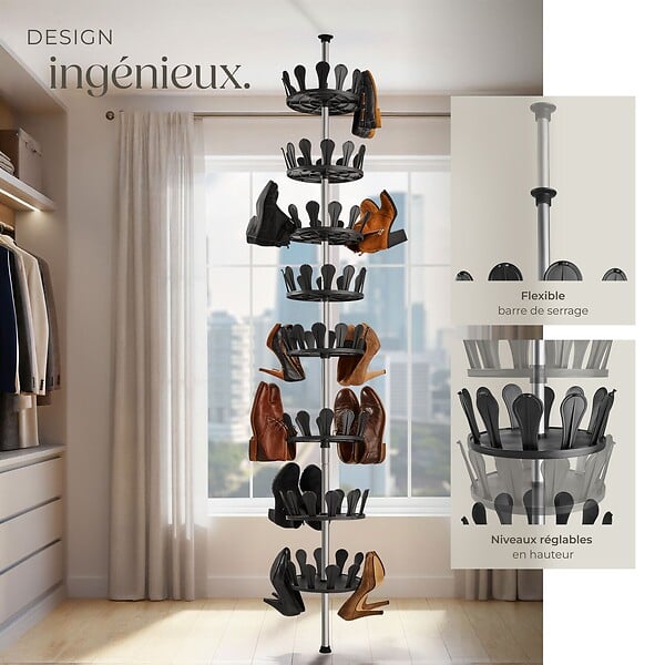 TECTAKE - Carrousel à chaussures 26,5x100-300cm avec tige télescopique max. 48 paires noir - large