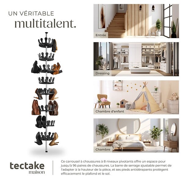 TECTAKE - Carrousel à chaussures 26,5x100-300cm avec tige télescopique max. 48 paires noir - large