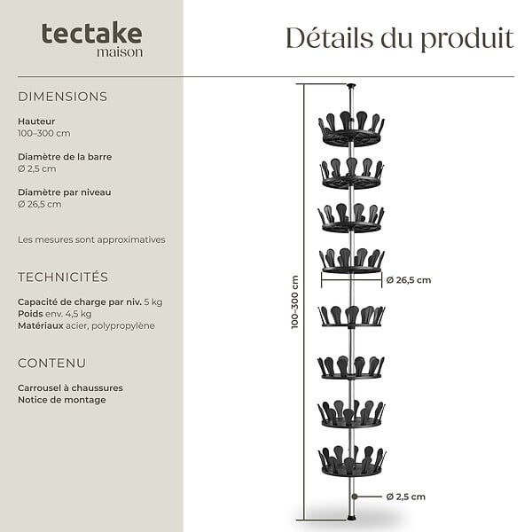TECTAKE - Carrousel à chaussures 26,5x100-300cm avec tige télescopique max. 48 paires noir - large