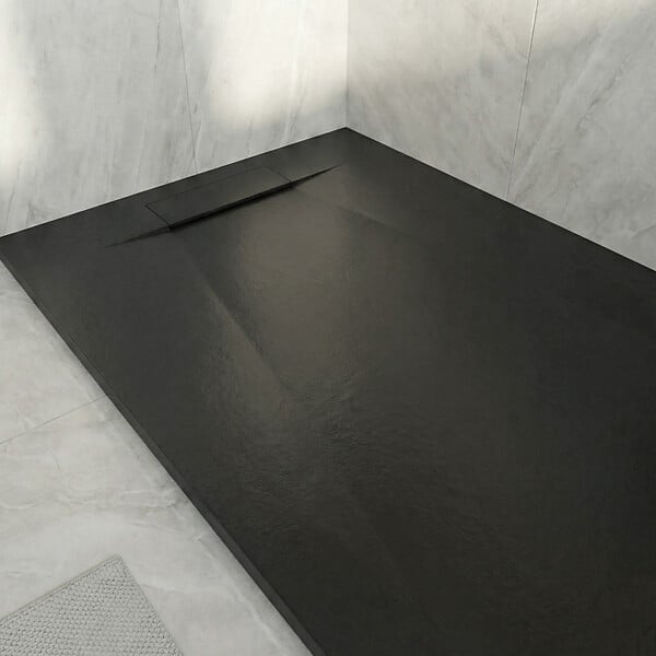 CERAMIA - Ceramia PixL 120x80 cm receveur de douche rectangulaire à poser en résine composite avec surface effet pierre, noir (CERAPX12080B) - large