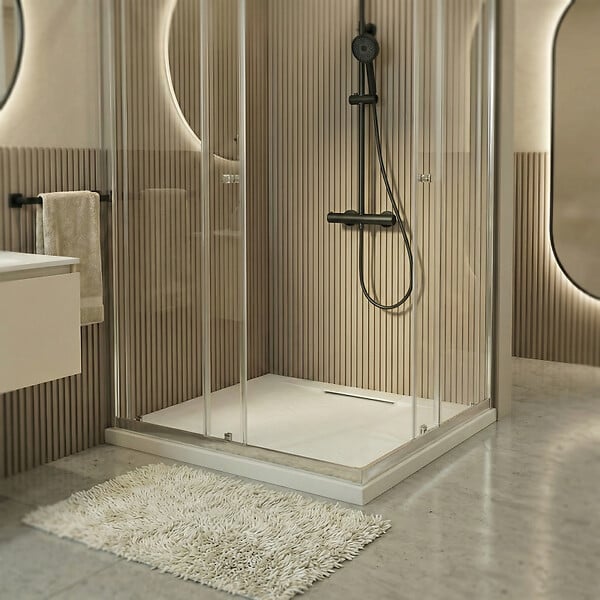 CERAMIA - Ceramia PixL 90x90 cm receveur de douche carré à poser en résine composite avec surface effet pierre, blanc (CERAPX9090W) : - large