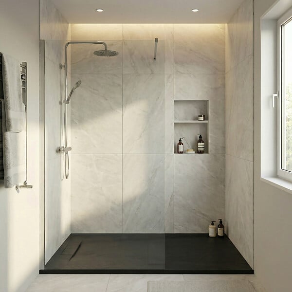 CERAMIA - Ceramia PixL 120x90 cm receveur de douche rectangulaire à poser en résine composite, surface effet pierre, noir (CERAPX12090B) - large