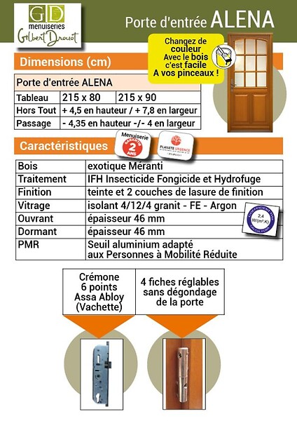 GD MENUISERIES - Porte d'entrée Bois Vitrée Alena, H215 x L80 cm Côte Tableau p.Droit (Poignée, Barillet ref N158RPL -IN158RCI) - large