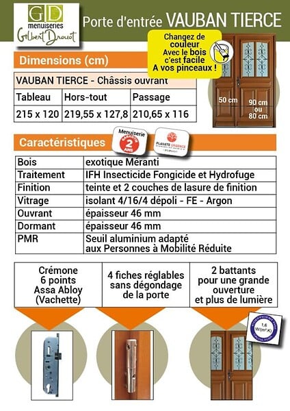 GD MENUISERIES - Porte d'entrée Bois Tiercée Vitrée Vauban H.215xl.130 cm Côtes Tableau p. Gauche - large