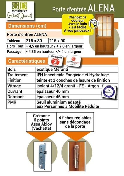 GD MENUISERIES - Porte d'entrée Bois Vitrée Alena, H215 x L90 cm Côte Tableau p.Gauche (Poignée, Barillet ref N158RPL -IN158RCI) - large