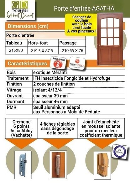 GD MENUISERIES - Porte d'entrée Bois Vitrée Agatha, H215 x L80 cm Côte Tableau p.Gauche (Poignée, Barillet ref N158RPL -IN158RCI) - large