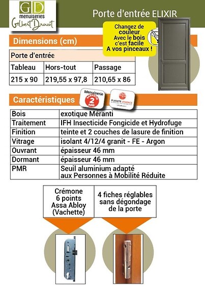 GD MENUISERIES - Porte d'entrée Bois Pleine Elixir, Vert Gris Olive, H215 x L90 cm Côte Tableau, p.Droit (Poignée, Barillet ref010723NO) - large