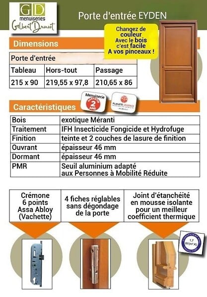 GD MENUISERIES - Porte d'entrée Bois Pleine Eyden, H215 x L90 cm Côte Tableau, p.Droite (Poignée, Barillet ref010723NO) - large
