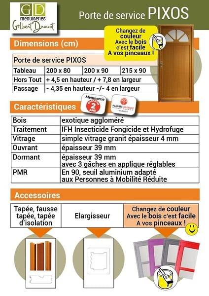 GD MENUISERIES - Porte De Service Bois Vitrée Pixos, H215 x L90 Côte Tableau, p.Droit (Poignée, Barillet ref 01245F924) - large